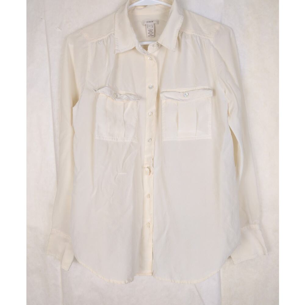 J.Crew ivory 100% silk button up top Size 6 Minimal Front Pockets Quiet Luxury